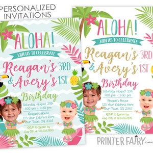 Luau Siblings Birthday Invitation, Hawaiian Joint Birthday Party, Pool Party Birthday, Personalized Digital Invite, 2 options