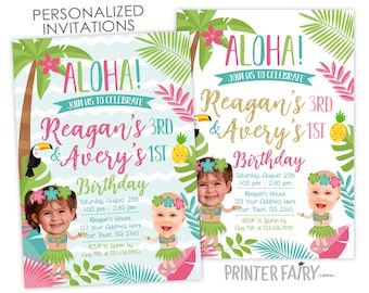 Luau Siblings Birthday Invitation, Hawaiian Joint Birthday Party, Pool Party Birthday, Personalized Digital Invite, 2 options