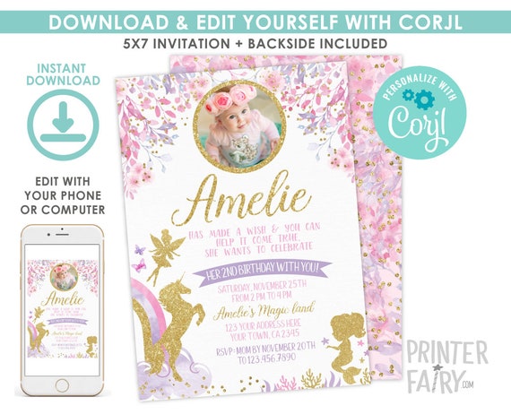 Fairy Unicorn and Mermaid with Photo EDITABLE Birthday Invitation, Magical Birthday, Floral Birthday Invitation, EDIT YOURSELF Invitation Il_570xn