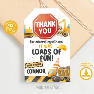 Construction Theme Party Favors: Editable Dump Truck Favor Tag, &quot;Under Construction&quot; Thank You Tags, Instant Download., Editable With Corjl
