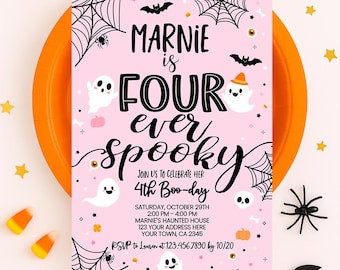 May include: A rectangular pink invitation card featuring black text that reads MARNIE is FOUR ever spooky, Join us to celebrate her 4th Boo-day, Saturday, October 29th, 2:00 PM - 4:00 PM, Marnie's Haunted House, 123 Your Address Here, Your Town, CA 2345.