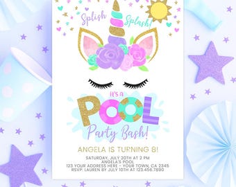 Editable Unicorn Pool Party Invitation (Instant Download)