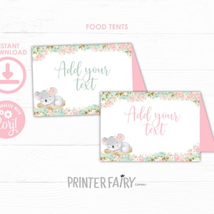 Koala Food Tents, EDITABLE, Girl Birthday Decorations, Floral Birthday, Bear Birthday, Koala Label, Place Card, INSTANT DOWNLOAD