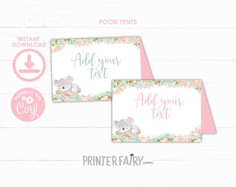 Koala Food Tents, EDITABLE, Girl Birthday Decorations, Floral Birthday, Bear Birthday, Koala Label, Place Card, INSTANT DOWNLOAD