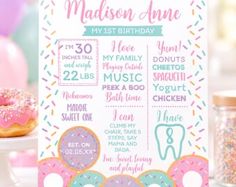 Tablero de hitos del primer cumpleaños con diseño de donut, póster de estadísticas editable (descarga instantánea)