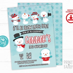 Snowman Birthday Invitation, Editable Invitation, Winter Invitation, Snowflake Invitation, Christmas Invitation, INSTANT DOWNLOAD image 1