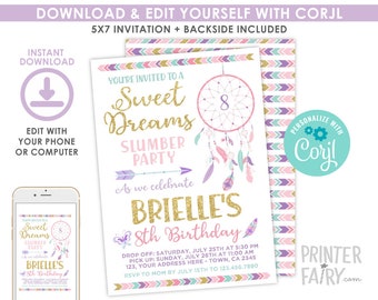 Dreamcatcher Slumber Party Invitation, EDITABLE, Dreamcatcher Invitation, Sweet dreams Party, Pajama Party Invitation, INSTANT DOWNLOAD