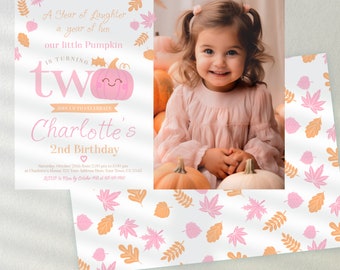 Little Pumpkin 2nd Birthday Editable Cute and Modern Invitation with Picture in Pastel Colors