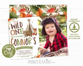 Wild One Invitation with Photo, EDITABLE, Tribal Woodland Birthday Invitation, Woodland First Birthday, Boho, DIGITAL, Instant Download