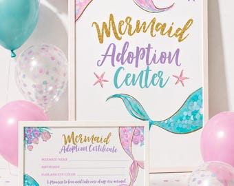 Plantillas editables para certificado y letrero de adopción de sirenas, diseños digitales (descarga instantánea)