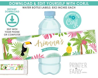 Luau Water Bottle Labels, EDITABLE, Hawaiian Party, Pool Party, Luau Birthday Party Decorations, Tropical Labels, INSTANT DOWNLOAD