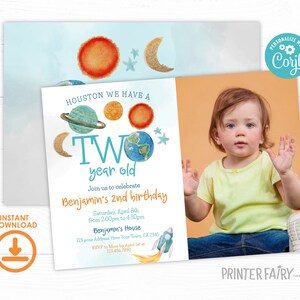 Outer Space Second Birthday Invitation with Photo, Editable Template, Planets Rocket Ship Party Invite, Galaxy Birthday Party Invitation