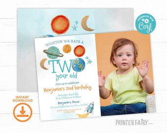 Outer Space Second Birthday Invitation with Photo, Editable Template, Planets Rocket Ship Party Invite, Galaxy Birthday Party Invitation
