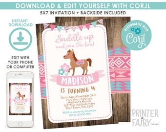 Cowgirl Invitation, Horse Birthday Invitation, EDITABLE, Pony Party, Outdoor Birthday, Digital Printable Invitation, Instant Download