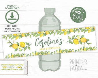 Lemon Water Bottle Labels, Editable, Citrus Label, Lemonade Birthday Party, Lemonade Water Bottle Label, Instant Download