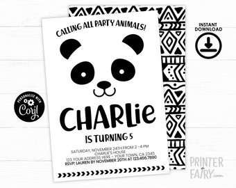 EDITABLE Panda Birthday Invitation, Black and White Birthday Party, Modern Birthday, Panda Invitation, EDIT YOURSELF Digital Invite