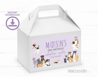 It's a Paw-ty! Puppy Adoption Birthday Gable Box Label, Pet Adoption Party, Dog Party Favor Box Label, Editable Puppy Dog Birthday Box Label