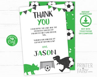 Dinosaur and Soccer Thank You Cards, EDITABLE Soccer Thank You Note, Sports Birthday Party, Dinosaur Thank You Cards, INSTANT DOWNLOAD