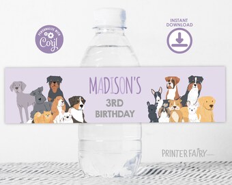 Puppy Adoption Birthday Water Bottle Label, It's a Pawty! Pet Adoption Party, Dog Party Bottle Label, Editable Puppy Dog Birthday,Lets Pawty