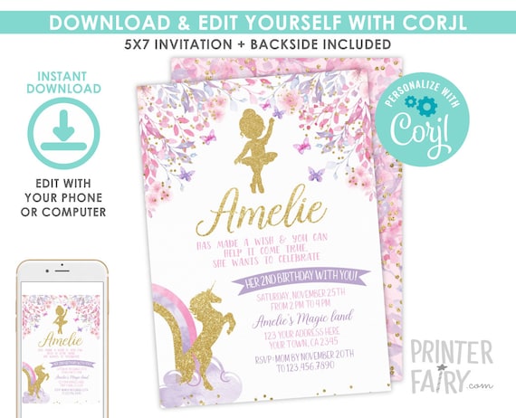 Ballerina and Unicorn Birthday Invitation, EDITABLE Ballerina Birthday Invitation, Unicorn Invitation, Magical Party, Instant Download Il_570xn