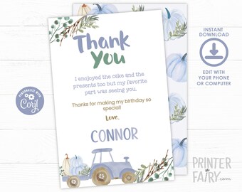 Pumpkin Patch Thank You Cards, EDITABLE, Thanksgiving Thank You Notes, Little Pumpkin Birthday, Pumpkin Thank You Cards, Instant Download