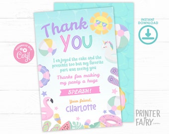 Pool Birthday Party Thank You Card, EDITABLE, Summer Birthday Party, Splish Splash, Swimming Pool Party, Flamingo, Summer, PoolPartyPastel