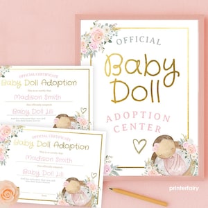 Goedkeuringscertificaat pop, BEWERKBAAR adoptiecertificaat, bord babypop, verjaardagsfeestje pop, bloemen verjaardag INSTANT DOWNLOAD