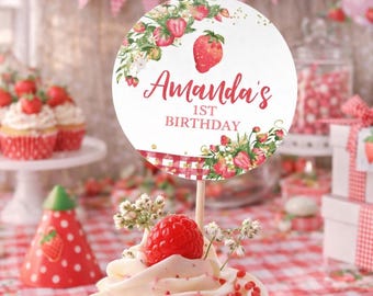 Décorations modifiables aux fraises, étiquettes de faveur de fête d'anniversaire de fruits (téléchargement instantané)