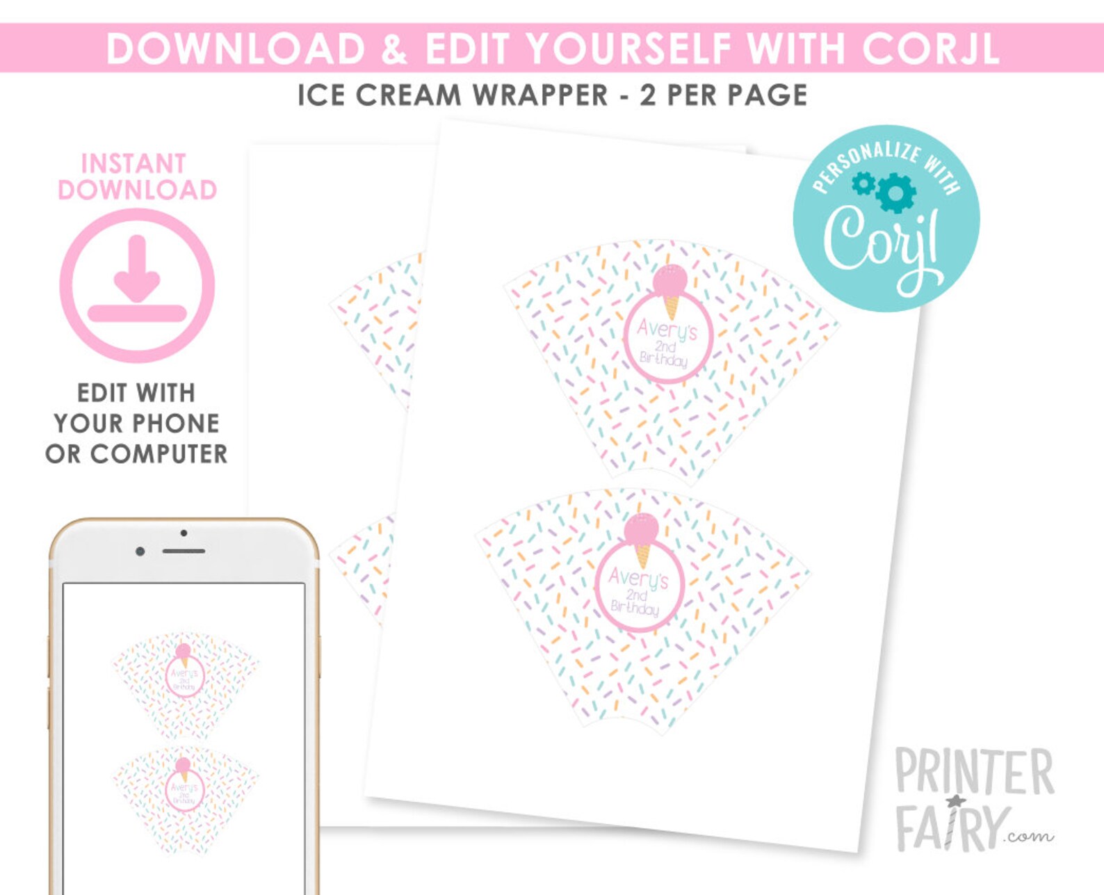 Ice Cream Cone Wrapper, EDITABLE, Ice Cream Bar, Sundae Bar Decorations ...