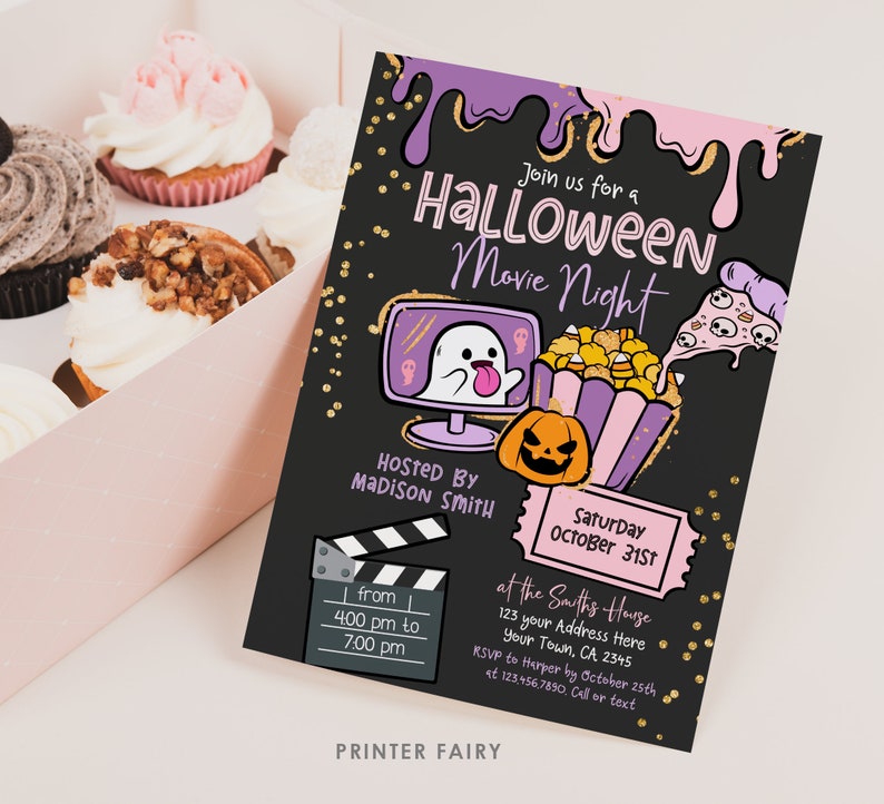 May include: A black and pink Halloween movie night invitation with a ghost on a computer screen, popcorn, and pizza. The text reads "Join us for a Halloween Movie Night" and "Hosted by Madison Smith".