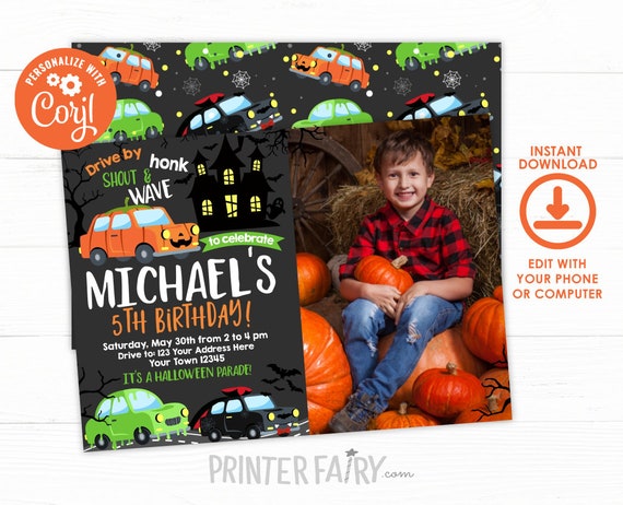 EDITABLE, Halloween Drive By Birthday Invitation with photo, Drive Thru Pumpkin Invitation, Birthday Parade Party, INSTANT DOWNLOAD Il_570xn