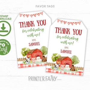 Farm Favor Tags, EDITABLE, Farm Birthday Party, Barnyard Birthday, Farm Thank You Notes, INSTANT DOWNLOAD