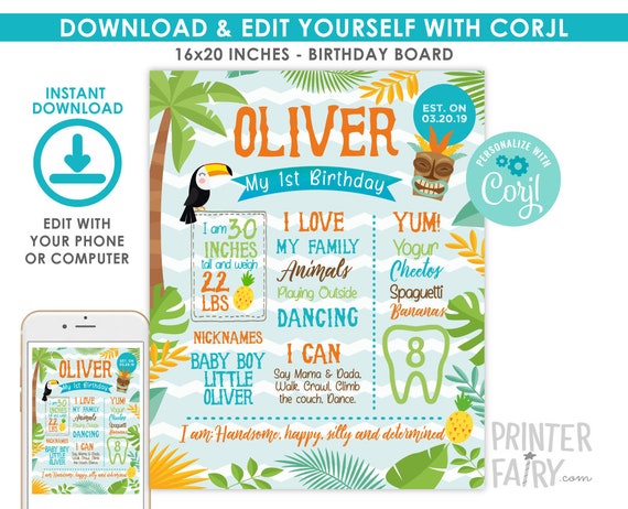 Luau Birthday Board, EDITABLE, Luau Birthday Decorations, EDIT YOURSELF Digital Birthday Board, Any Age, Hawaiian Party, Instant Download Il_570xn