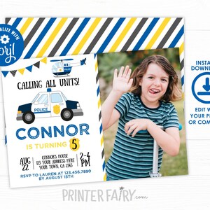 EDITABLE Police Birthday Invitation with Photo, Cops & Robbers Birthday Party, Police Car Invitation, INSTANT DOWNLOAD image 1