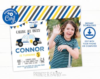 EDITABLE Police Birthday Invitation with Photo, Cops & Robbers Birthday Party, Police Car Invitation, INSTANT DOWNLOAD