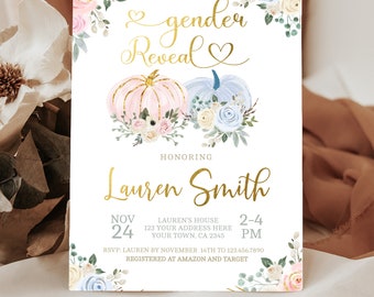 Pink Gold Pumpkin Gender Reveal Party Invitation - Editable Template for Fall Parties, Floral Pink and Gold Baby Sprinkle Printable Invite