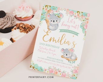 Koala Birthday Invitation, EDITABLE, Girl Birthday Invitation, Floral Invitation, Bear Invitation, Let's Hang Out Invite, INSTANT DOWNLOAD