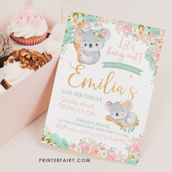 Koala Birthday Invitation, EDITABLE, Girl Birthday Invitation, Floral Invitation, Bear Invitation, Let's Hang Out Invite, INSTANT DOWNLOAD