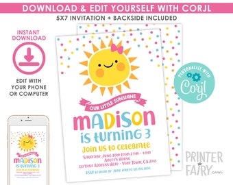 Little Sunshine Invitation, EDITABLE, Our Little Sunshine Invitation, Sun Invitation, Any Age, EDIT YOURSELF, Instant Download