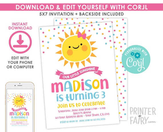 Little Sunshine Invitation, EDITABLE, Our Little Sunshine Invitation, Sun Invitation, Any Age, EDIT YOURSELF, Instant Download Il_570xn