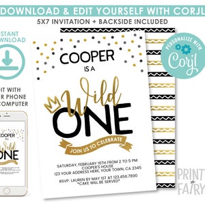 EDITABLE Wild One First Birthday Invitation, King 1st Birthday Party, 1st Birthday Invitation, Wild Things, EDIT YOURSELF Digital Invite