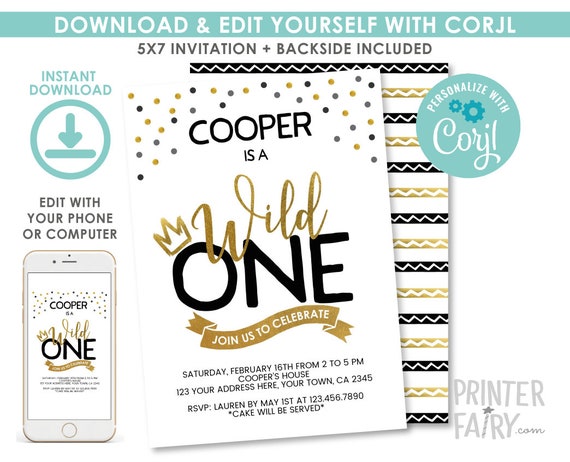 EDITABLE Wild One First Birthday Invitation, King 1st Birthday Party, 1st Birthday Invitation, Wild Things, EDIT YOURSELF Digital Invite Il_570xn