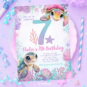 Sea Turtle 7th Birthday Invitation, Under the Sea Editable Party Invite Template, Turtley Awesome Birthday, Instant Download