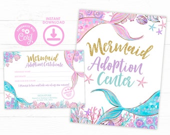 Mermaid Adoption, Adopt a Mermaid, Mermaid Adoption Certificate, Adoption Sign, Under The Sea Party Games, Mermaid Birthday Party