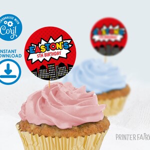 Superheld-Geburtstags-Party-Topper, bearbeitbar, kleine Superheld-runde Etiketten, Comics-Party-Strohhalm-Deckel, Superheld-druckbare Aufkleber