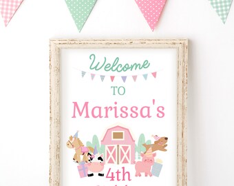 Farm Birthday Welcome Sign, Pink Barnyard Animals (Editable Digital Download)