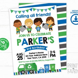 Trash Truck Invitation, EDITABLE, Trash Truck Party, Recycle Birthday party, Garbage Truck Invitation, Trash Truck Invite, INSTANT DOWNLOAD image 1