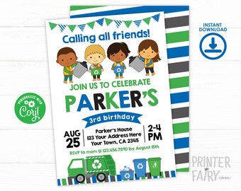 Trash Truck Invitation, EDITABLE, Trash Truck Party, Recycle Birthday party, Garbage Truck Invitation, Trash Truck Invite, INSTANT DOWNLOAD