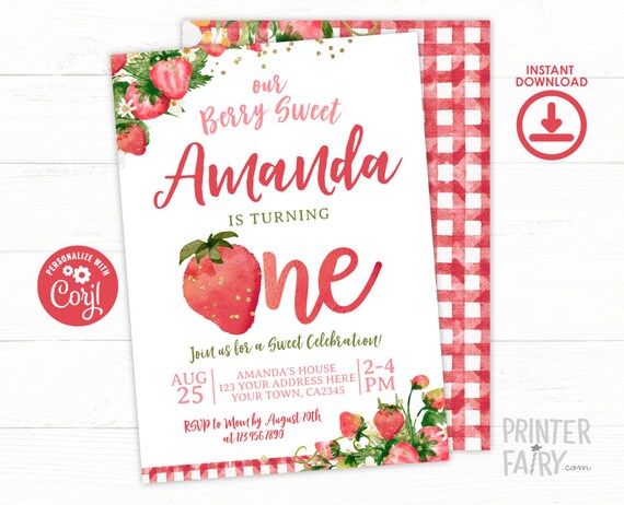 Strawberry First Birthday Invitation, EDITABLE, Sweet One, Berry Sweet Birthday, Floral Invitation, Girl Birthday Invite, INSTANT DOWNLOAD Il_570xn