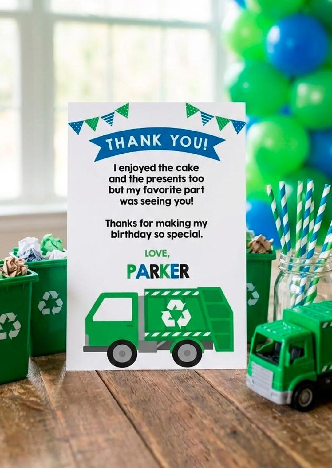 Recicla Thanks Trash Truck Thank You Cards, Recycle Birthday (EDITABLE, INSTANT ...